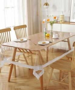 مفرش طاولة شفاف من الفينيل وبلاستيك PVC مع حواف مكرمية من الدانتيل، غطاء طاولة مقاوم للماء شديد التحمل مستطيل واقي شفاف للمطبخ وطاولة الطعام والمنزل والاستخدام الداخلي والخارجي والعطلات والحفلات