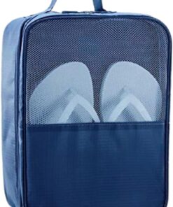 شنطة تخزين وتنظيم احذية محمولة للسفر، شنطة مقاومة للماء بسحاب مع 3 جيوب و2 سحاب، شنطة احذية متينة للسفر، لون ازرق كحلي جينز، حجم صغير 30 × 21 × 13 سم