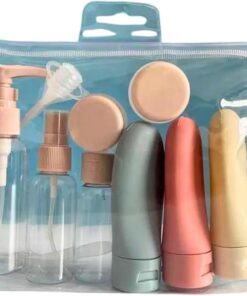 مجموعة زجاجات فاخرة قابلة لاعادة الملء للسفر مكونة من 9 قطع بخاخ لوشن وشامبو وجل الاستحمام حاوية فارغة للسوائل ومستحضرات التجميل اداة التعبئة بينك بلاستيك