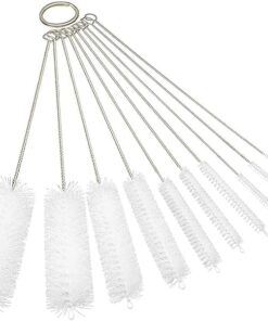 مجموعة من 10 فرش تنظيف الزجاجات بقطر صغير مع شعيرات نايلون ومقبض من الستانلس ستيل وفرشاة انبوبية مرنة لتنظيف زجاجات المياه