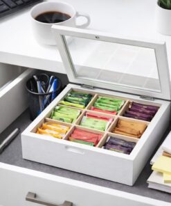 منظم صندوق شاي خشبي مكون من 9 اقسام لتخزين اكياس الشاي بسعة كبيرة لعرض المشروبات، يستخدم كحل بتصميم عملي وانيق (ابيض)