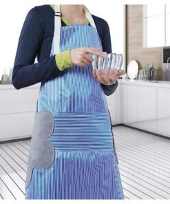 مريلة مطبخ ذات ياقة قابلة للتعديل مع جيوب وفوط قطيفة مدمجة لمسح اليد، تصميم متين مقاوم للماء بتصميم كوري مخطط (لون ازرق)