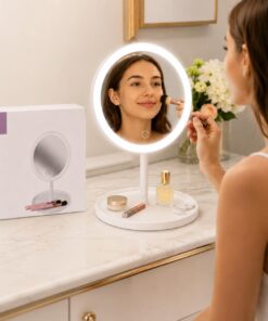 مراة مكياج محمولة باضاءة LED مع سطوع قابل للتعديل، مراة فانيتي عالية الدقة مع تحكم باللمس وحامل قابل للتعديل بزاوية 180 درجة وصينية تخزين مدمجة، مراة مستحضرات تجميل لاسلكية لسطح المكتب للمكياج